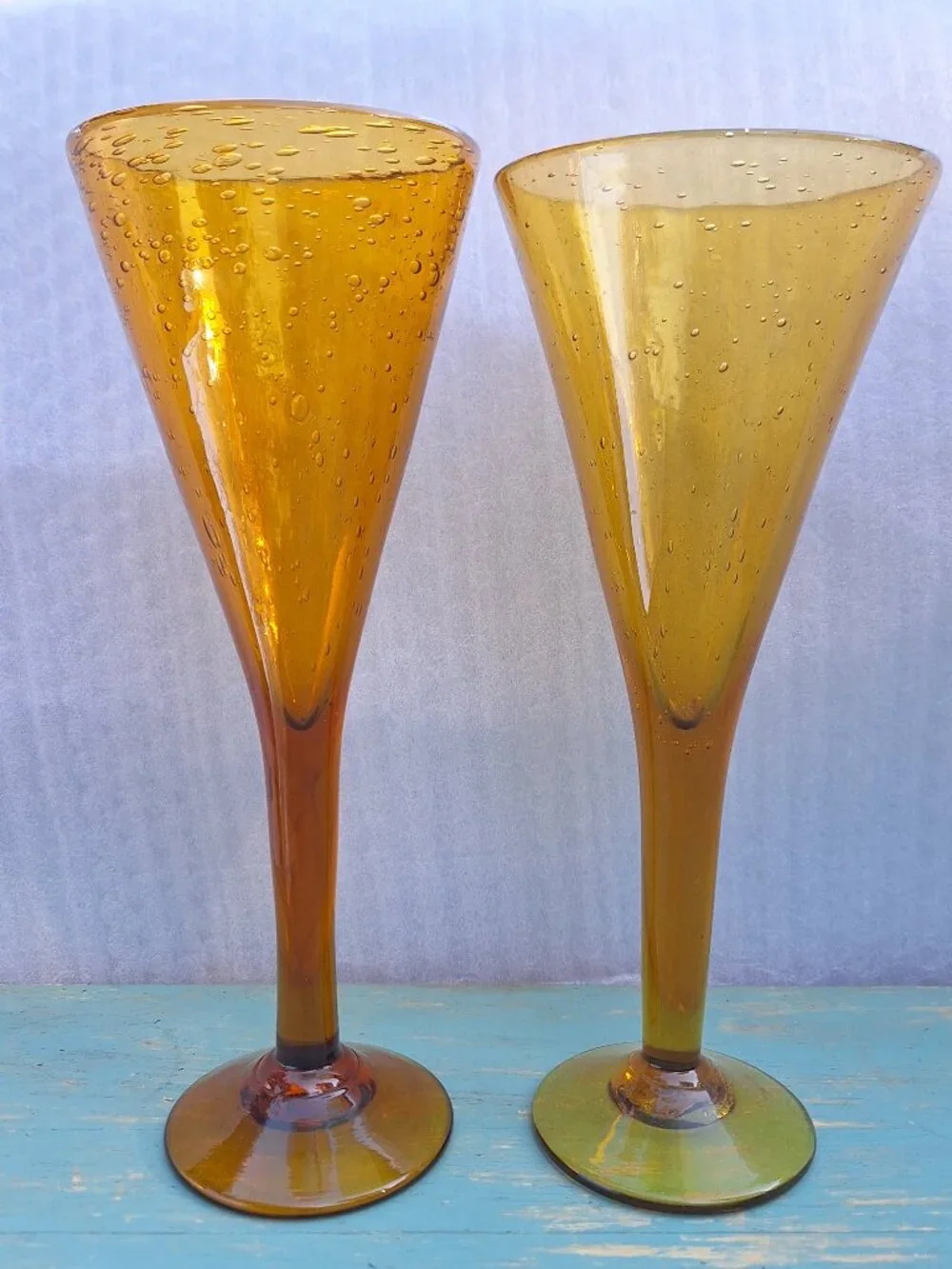 Vintage Wine Goblets Bubbles Hand Blown Glass Gold Bronze Color Pair His and Her - Picture 9 of 16